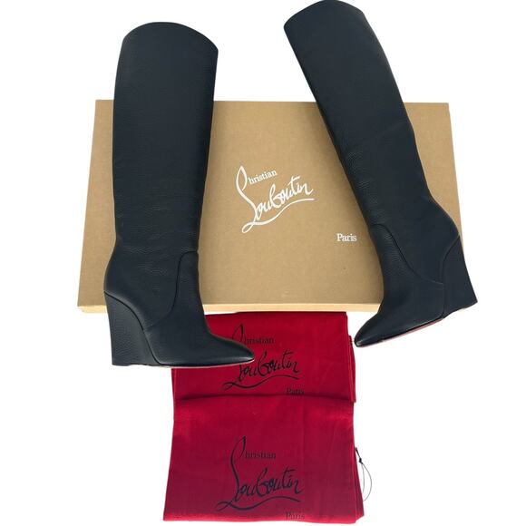 Christian Louboutin Civiliza 100 Black Leather Wedge Knee High Boots Size 37 - Picture 4 of 16